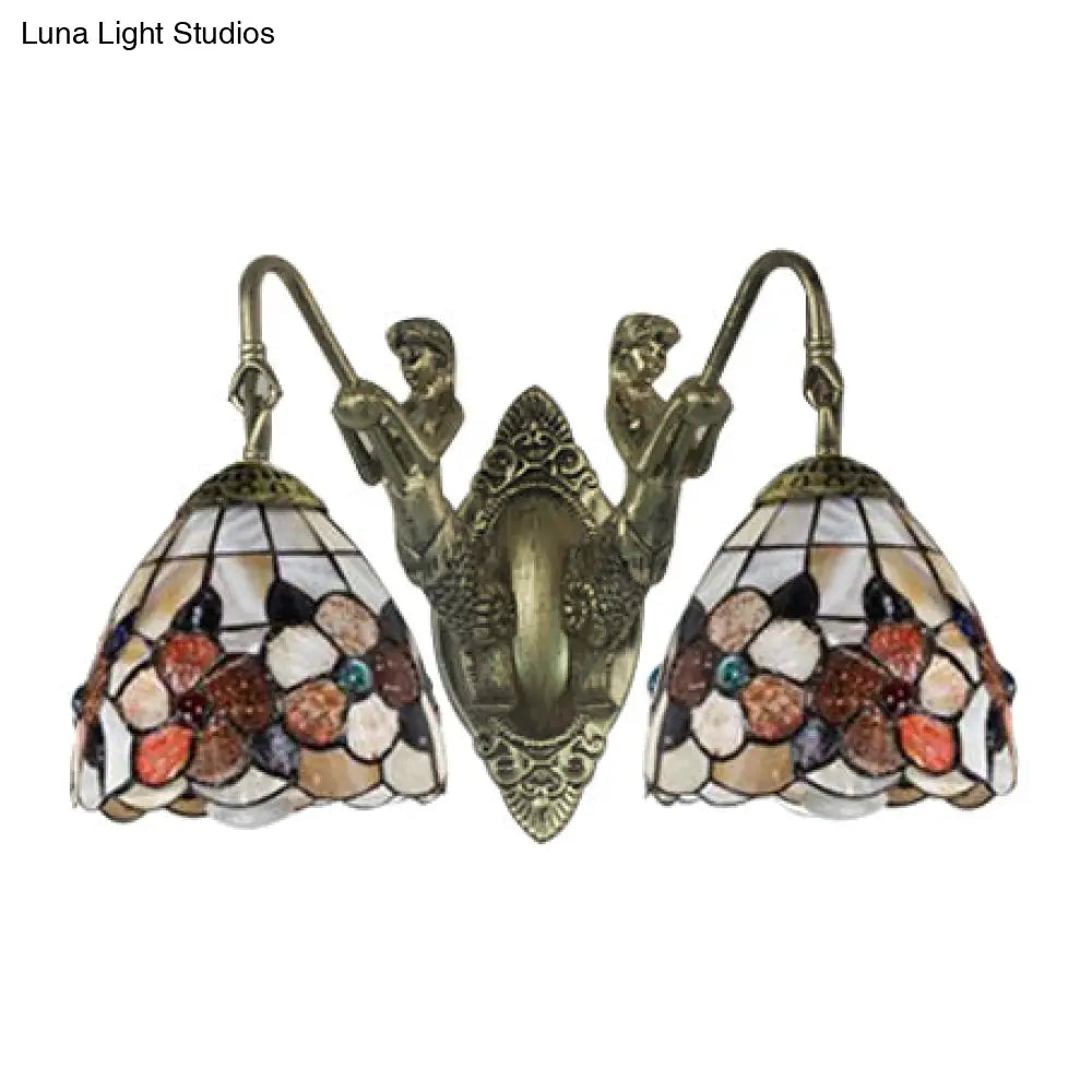 Victorian Beige Petal Wall Mount Light - 2 Heads Multicolor Shell Sconce with Mermaid Backplate