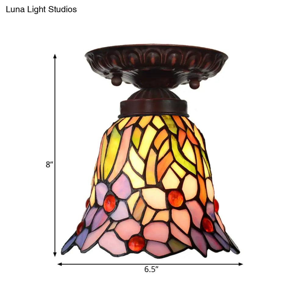 Victorian Bell Flush Mount Ceiling Lamp - Pink/Blue Stained Glass Bedroom Light Fixture with 1 Light