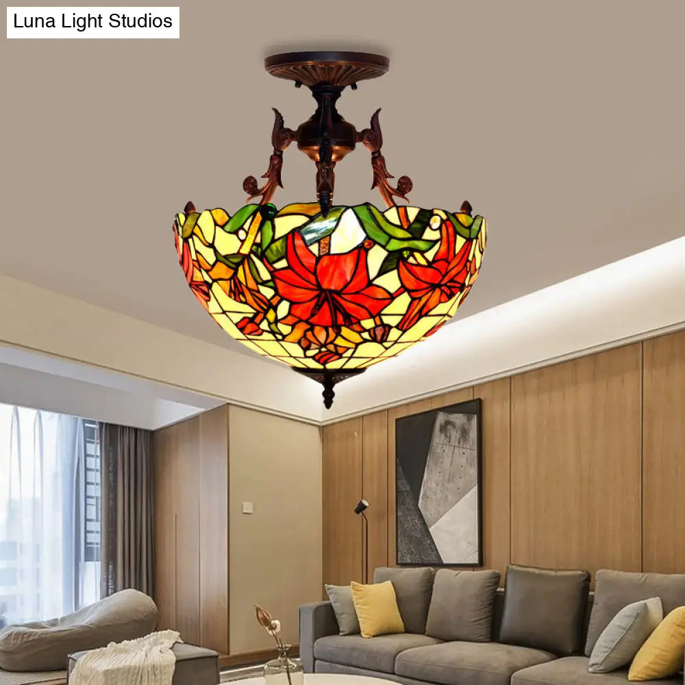 Victorian Bronze Semi Flush Light with Dome/Cone Red/Green Cut Glass Shade for Living Room