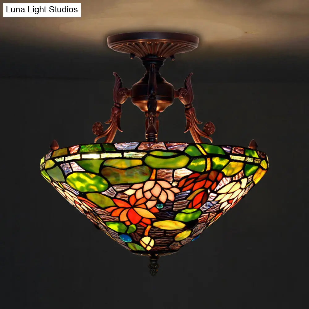 Victorian Bronze Semi Flush Light with Dome/Cone Red/Green Cut Glass Shade for Living Room