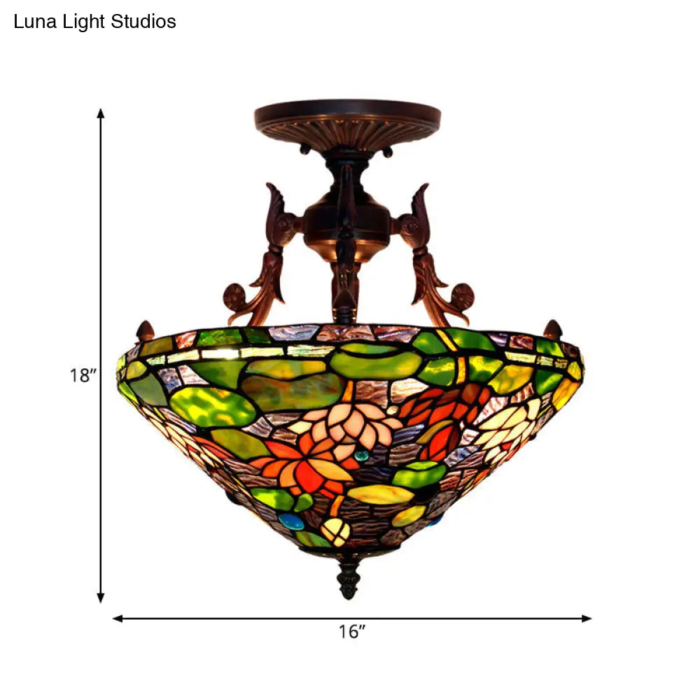 Victorian Bronze Semi Flush Light with Dome/Cone Red/Green Cut Glass Shade for Living Room