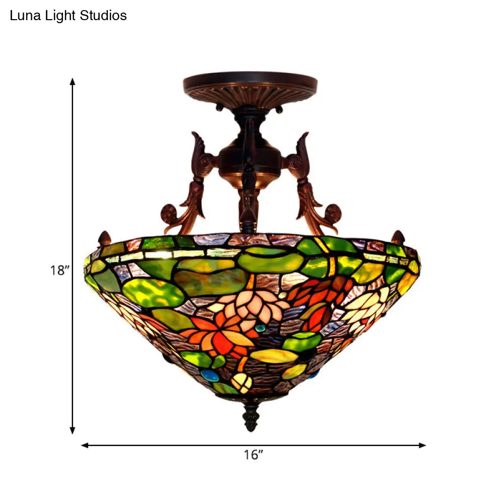 Victorian Bronze Semi Flush Light with Dome/Cone Red/Green Cut Glass Shade for Living Room