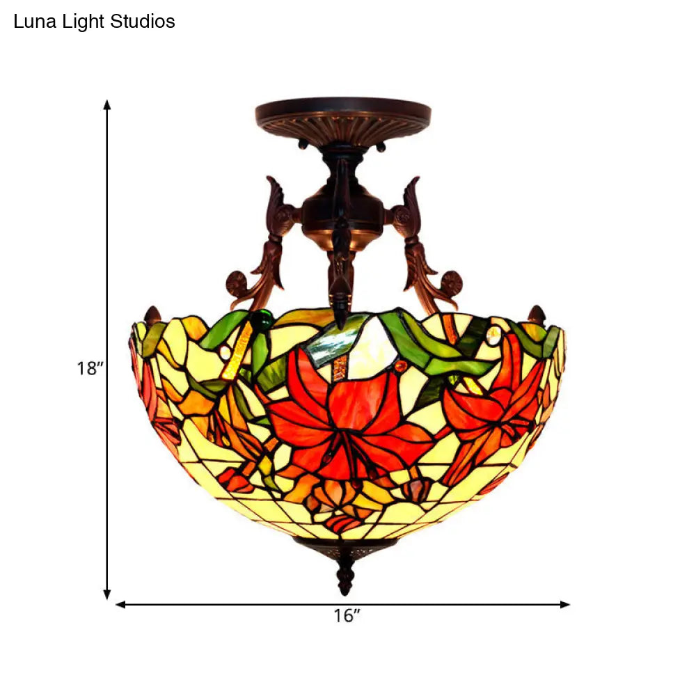 Victorian Bronze Semi Flush Light with Dome/Cone Red/Green Cut Glass Shade for Living Room