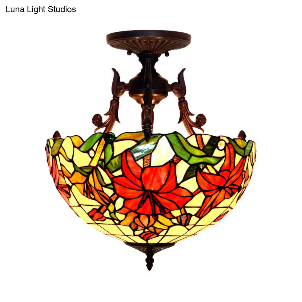 Victorian Bronze Semi Flush Light with Dome/Cone Red/Green Cut Glass Shade for Living Room