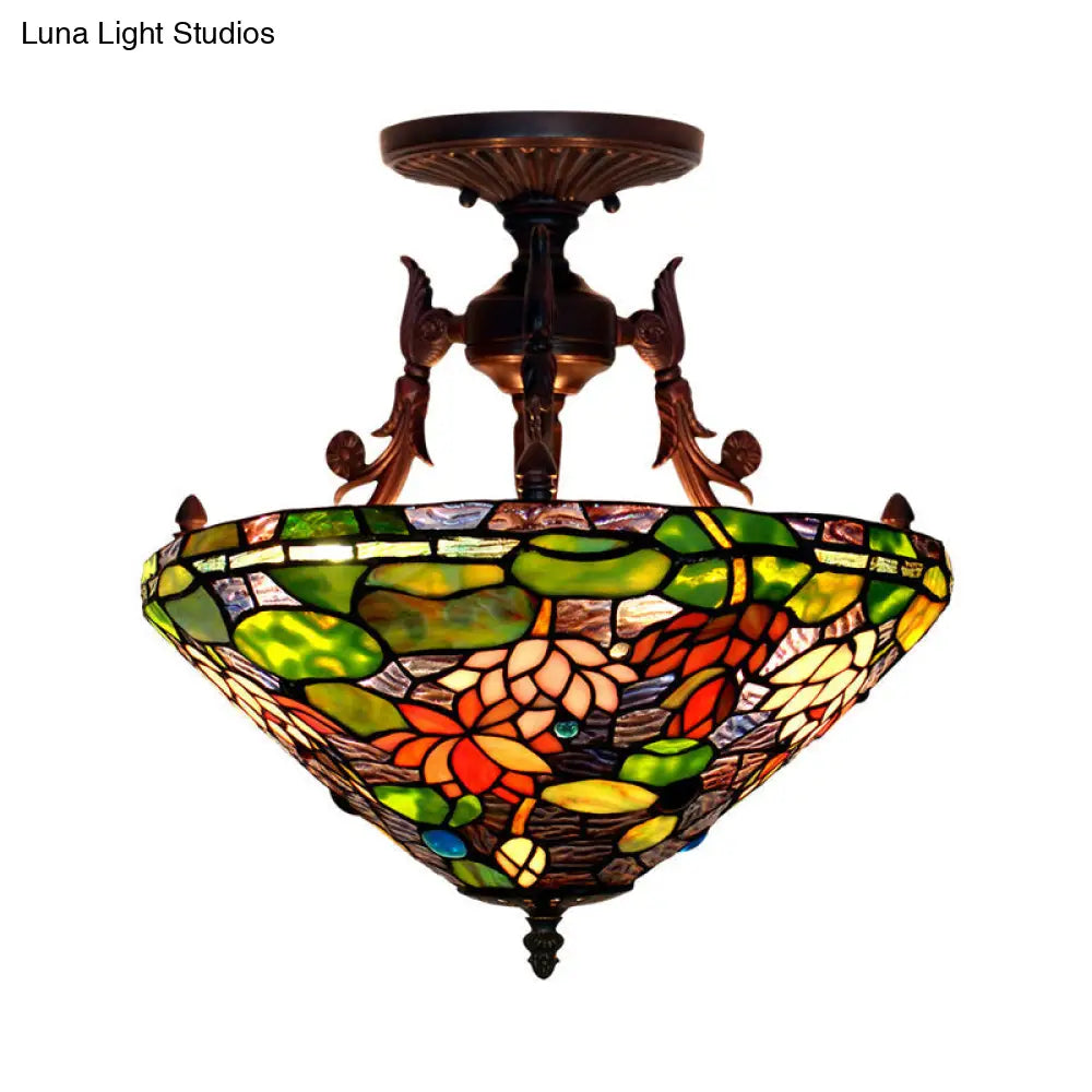 Victorian Bronze Semi Flush Light with Dome/Cone Red/Green Cut Glass Shade for Living Room
