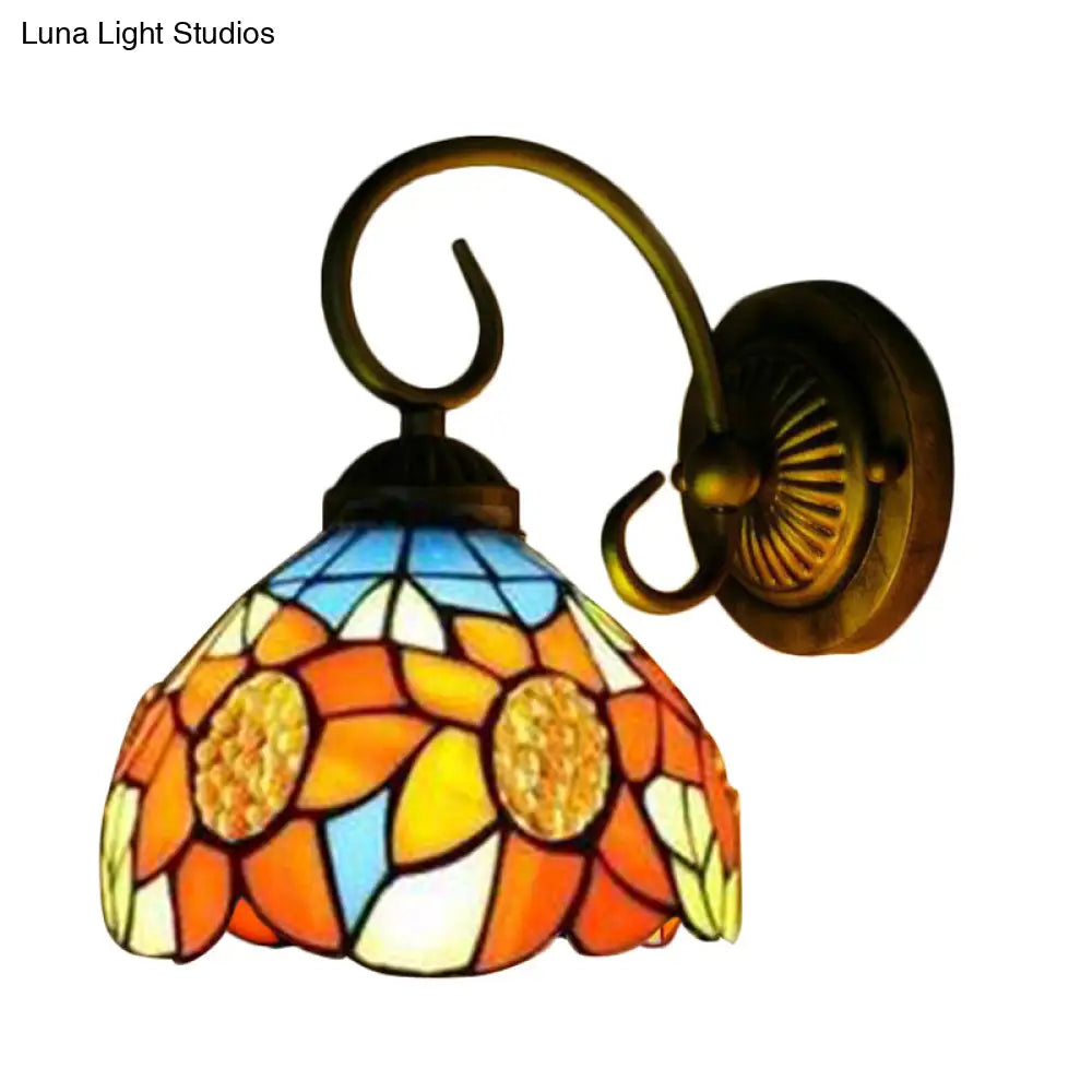 Victorian Bronze Wall Mounted Sunflower Orange Glass Sconce Lighting, 6"/8" Wide