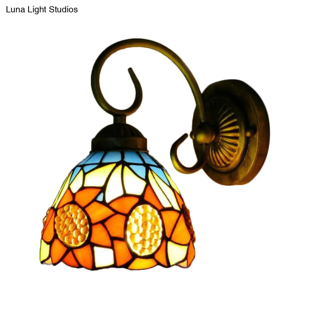 Victorian Bronze Wall Mounted Sunflower Orange Glass Sconce Lighting, 6"/8" Wide