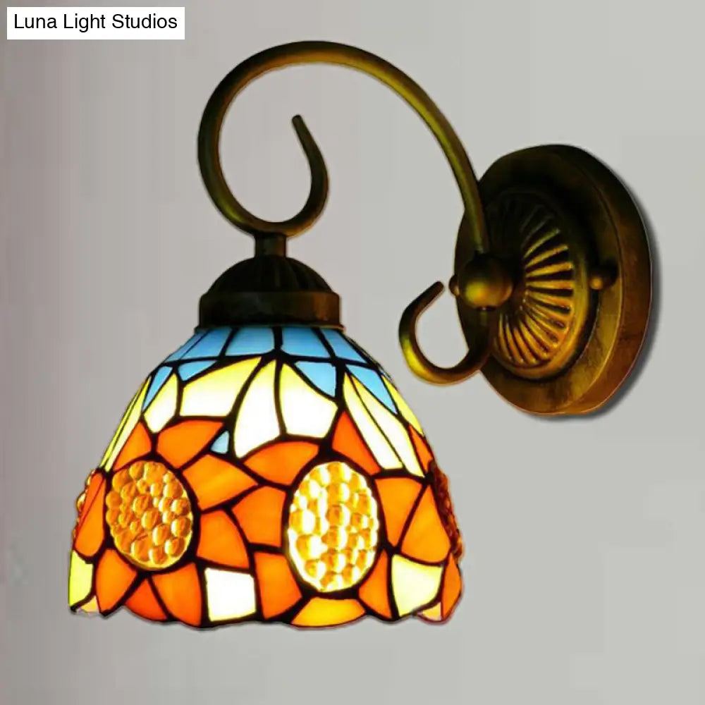 Victorian Bronze Wall Mounted Sunflower Orange Glass Sconce Lighting, 6"/8" Wide