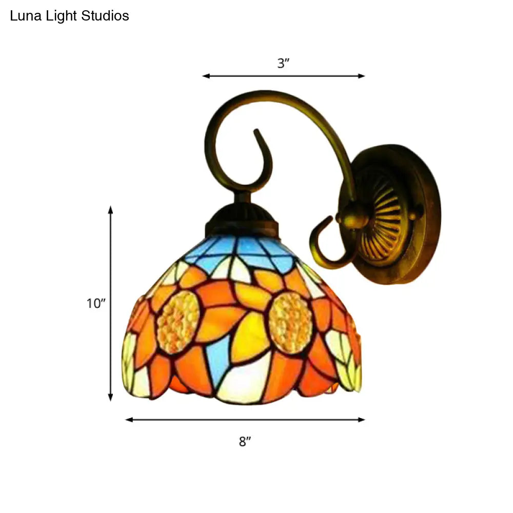 Victorian Bronze Wall Mounted Sunflower Orange Glass Sconce Lighting, 6"/8" Wide