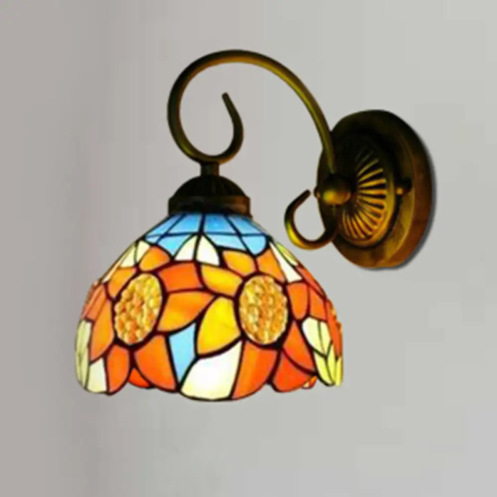 Victorian Bronze Wall Mounted Sunflower Orange Glass Sconce Lighting, 6"/8" Wide