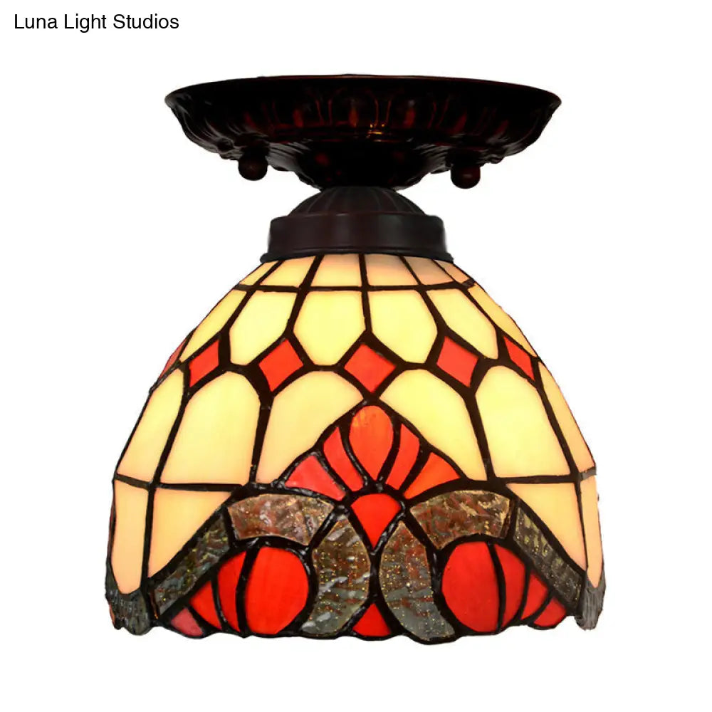 Victorian Ceiling-Mounted Stained Glass Light with Domed Design - 1 Light Flushmount - Red/Pink/Orange - Ideal for Corridors