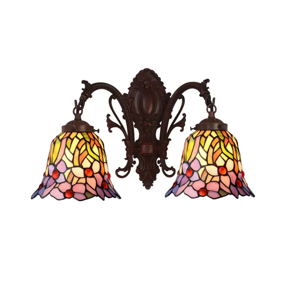 Victorian Copper Petal Wall Lamp with Stained Glass Bell Shade - Ideal for Corridors