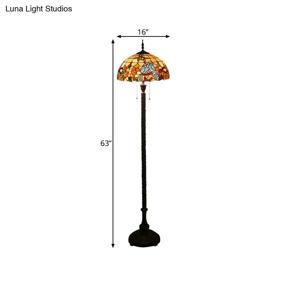 Victorian Copper Standing Lamp with Cut Glass Flower and Bird Design, 2 Lights and Bowl Shade