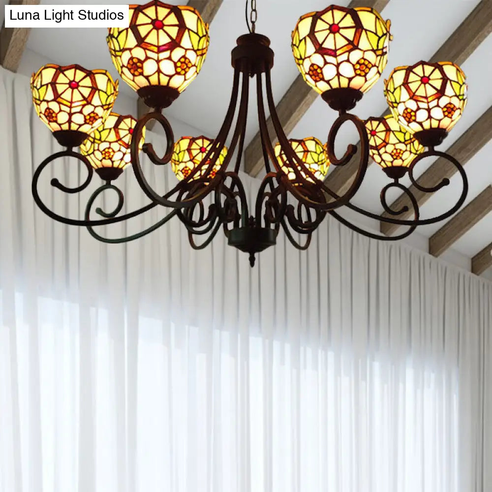 Victorian Cut Glass Arched Chandelier - 8-Light Red/Yellow/Dark Red Pendant Lamp for Living Room