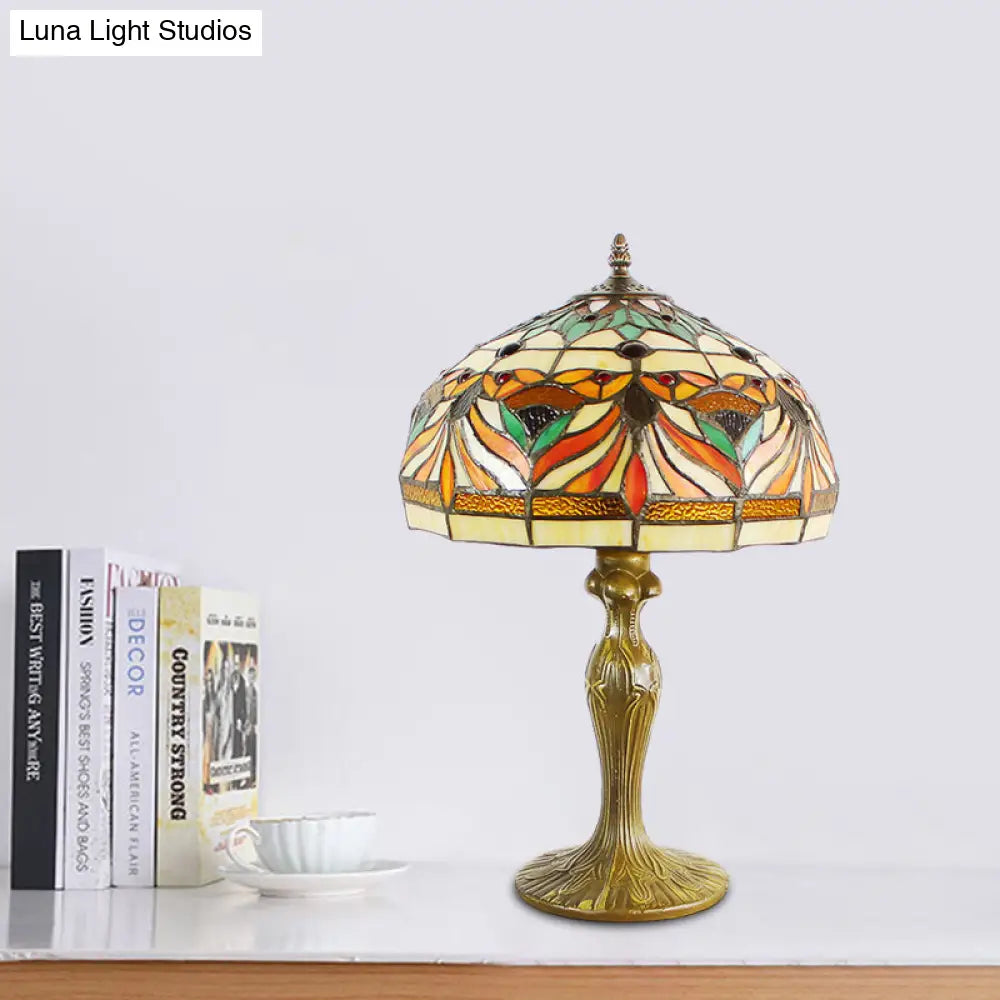 Victorian Cut Glass Nightstand Lamp with Fish Pattern - Bronze Dome Shade, 1-Bulb Night Table Light