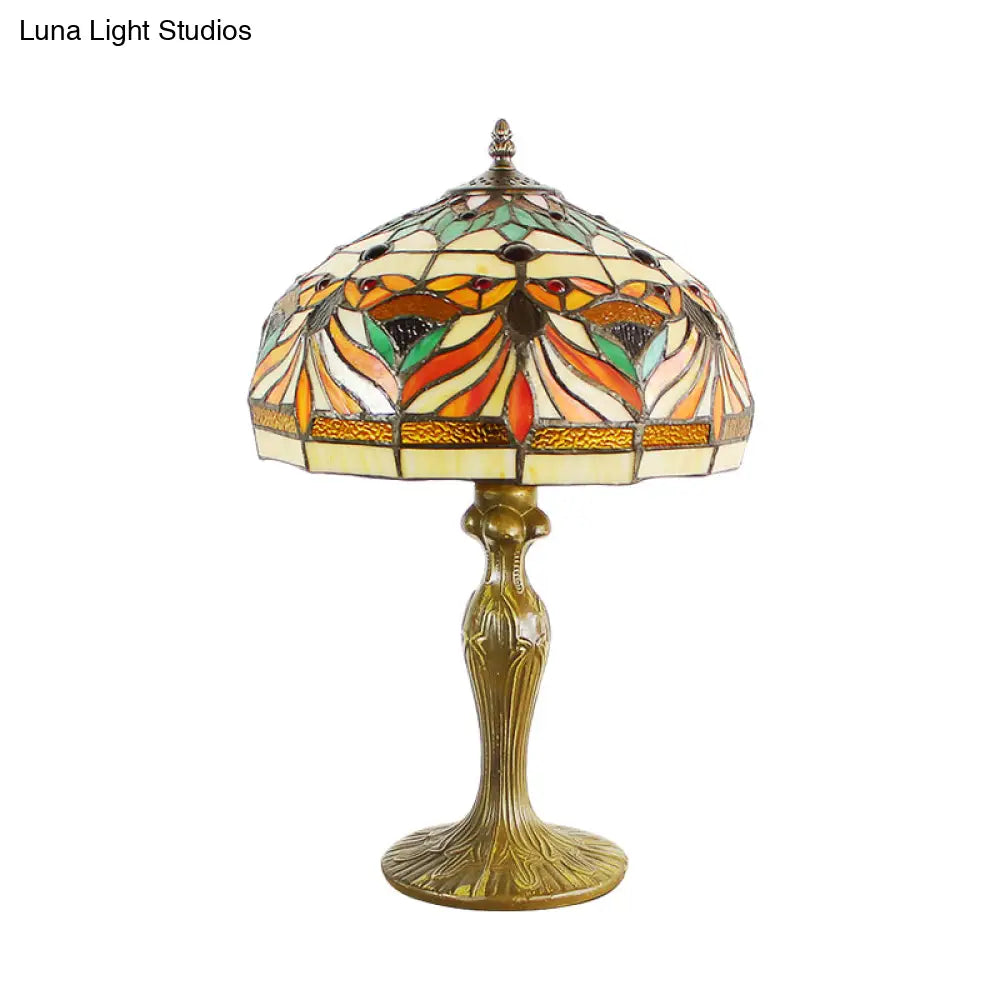 Victorian Cut Glass Nightstand Lamp with Fish Pattern - Bronze Dome Shade, 1-Bulb Night Table Light