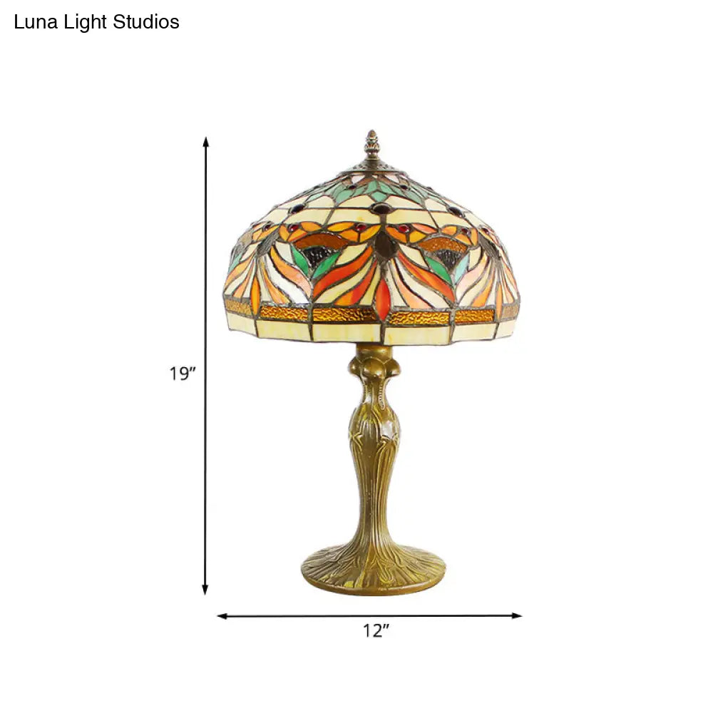 Victorian Cut Glass Nightstand Lamp with Fish Pattern - Bronze Dome Shade, 1-Bulb Night Table Light