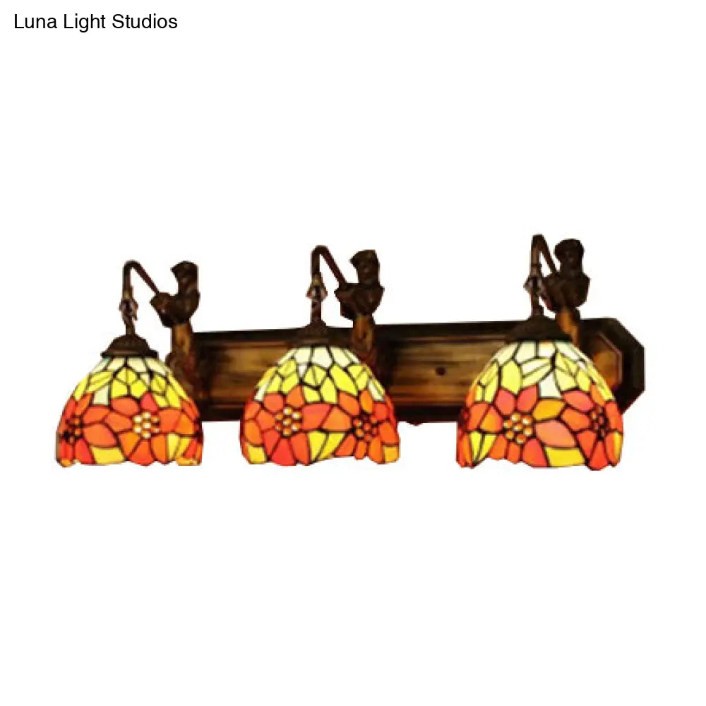 Victorian Dome Orange Glass Sconce Light Fixture - Antique Brass Wall Mounted with Flower Pattern (3-Head)
