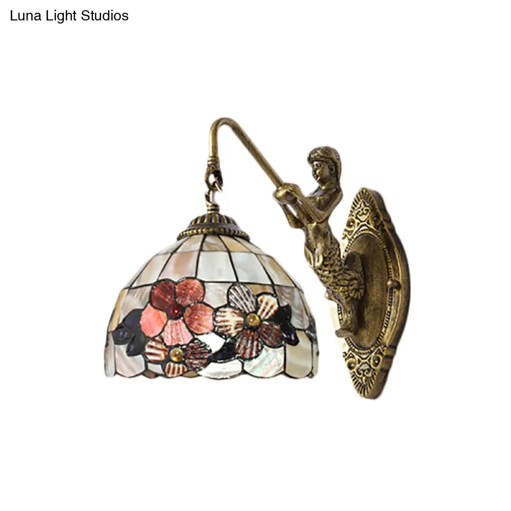 Victorian Dome Sconce Light with Beige Glass and Flower Pattern - 1 Head Bedside Wall Mount Light