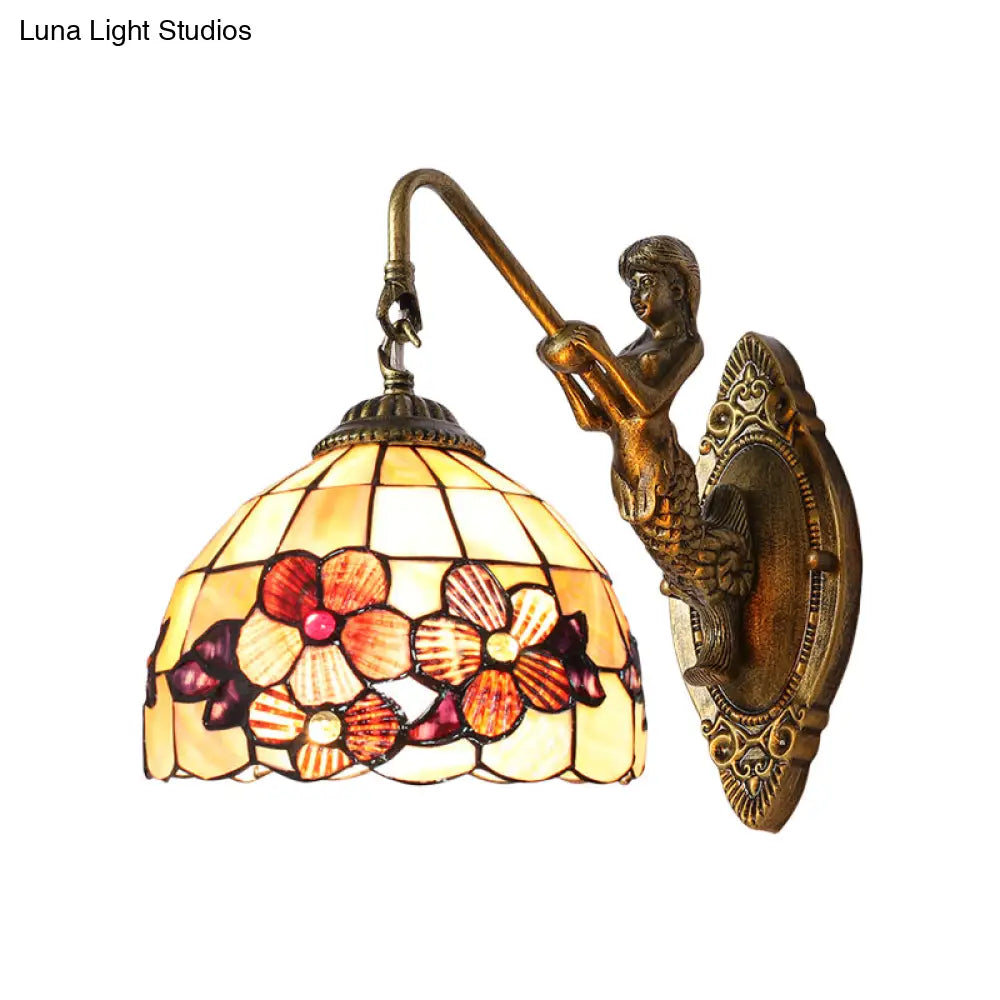 Victorian Dome Sconce Light with Beige Glass and Flower Pattern - 1 Head Bedside Wall Mount Light