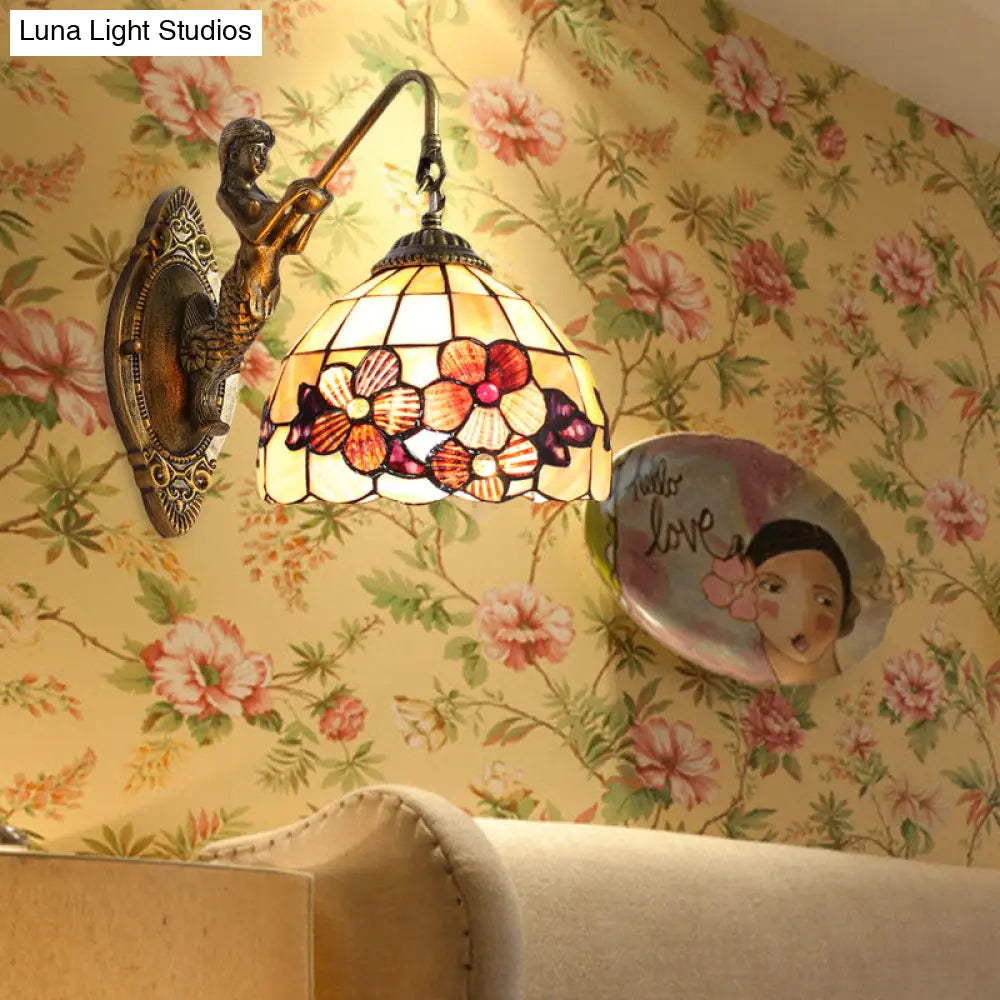 Victorian Dome Sconce Light with Beige Glass and Flower Pattern - 1 Head Bedside Wall Mount Light