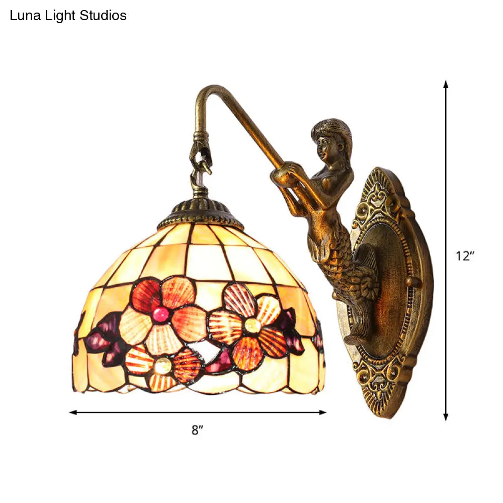 Victorian Dome Sconce Light with Beige Glass and Flower Pattern - 1 Head Bedside Wall Mount Light