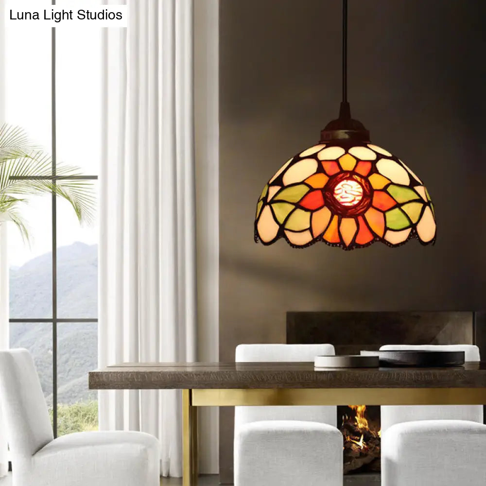 Lámpara colgante de techo victoriana con diseño floral para comedor - Lámpara colgante de cristal tallado en tonos beige, rojo y rosa