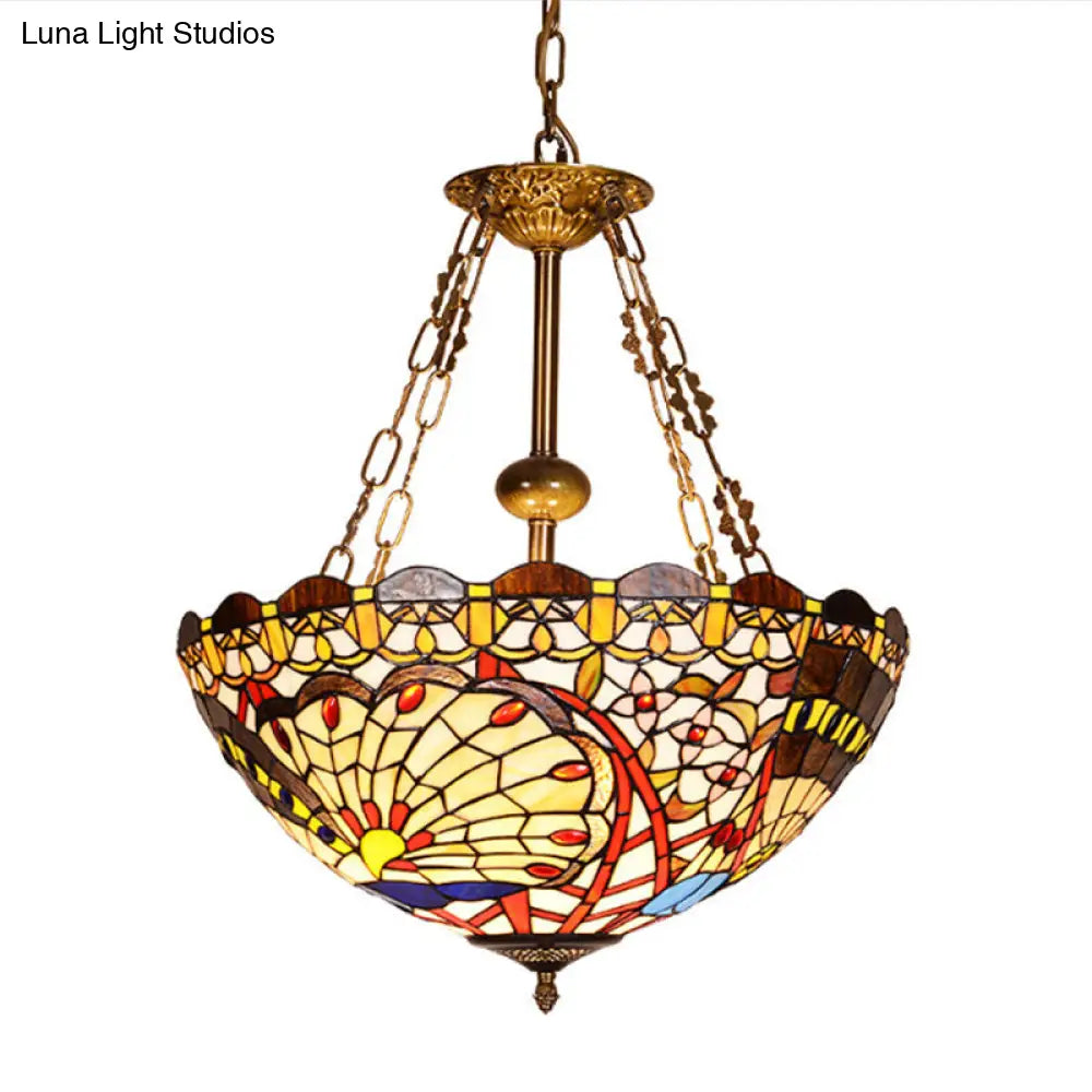 Victorian Stained Glass Bowl Chandelier with 3 Bulbs - Multi Color Pendant Light