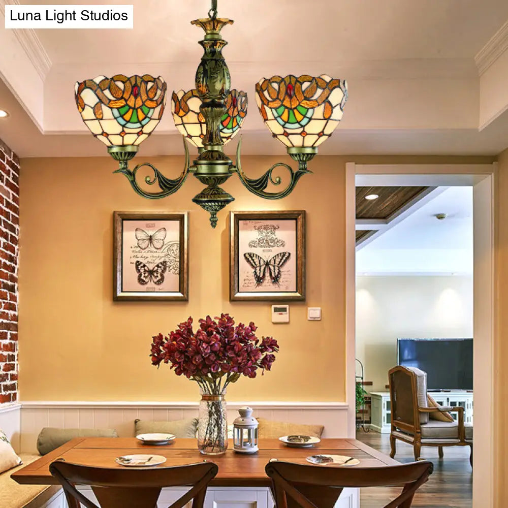 Victorian Stained Glass Chandelier - Elegant 3-Light Pendant for Dining Room