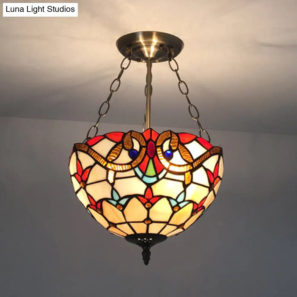 Victorian Style Beige Stained Glass Chandelier for Foyer Ceiling Lighting