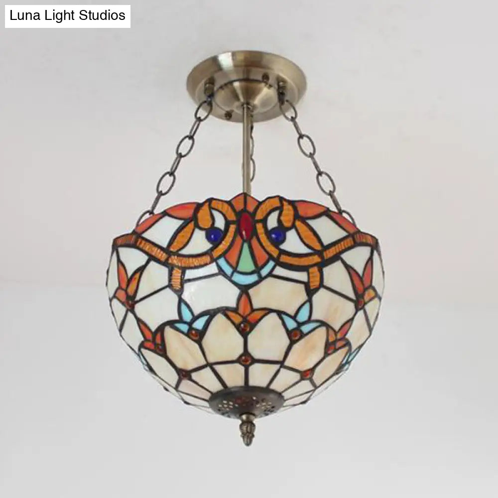 Victorian Style Beige Stained Glass Chandelier for Foyer Ceiling Lighting