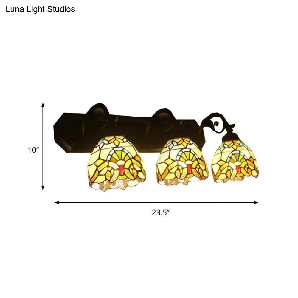 Victorian Style Stained Glass Dome Wall Sconce Lamp with Curved/Mermaid Decoration - 3 Lights, Black