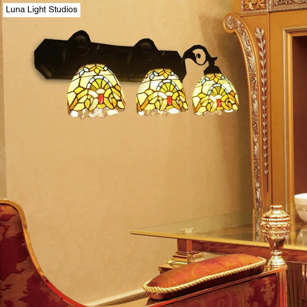 Victorian Style Stained Glass Dome Wall Sconce Lamp with Curved/Mermaid Decoration - 3 Lights, Black