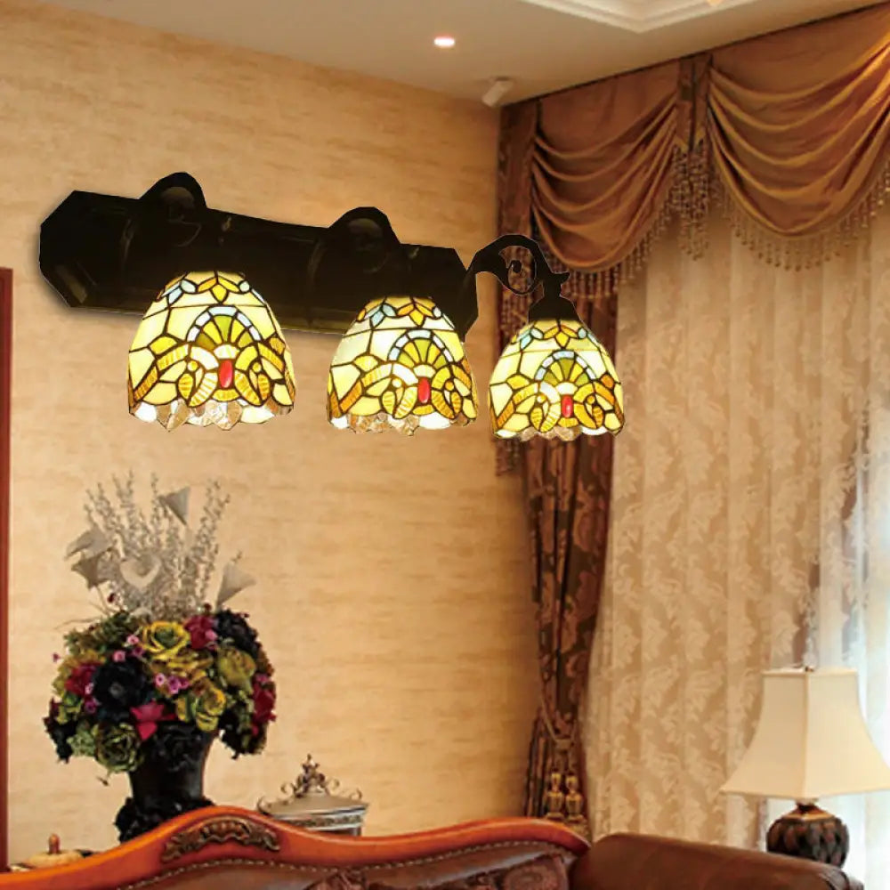 Victorian Style Stained Glass Dome Wall Sconce Lamp with Curved/Mermaid Decoration - 3 Lights, Black