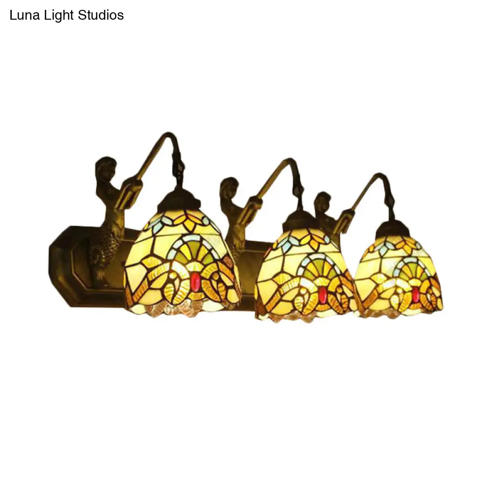 Victorian Style Stained Glass Dome Wall Sconce Lamp with Curved/Mermaid Decoration - 3 Lights, Black