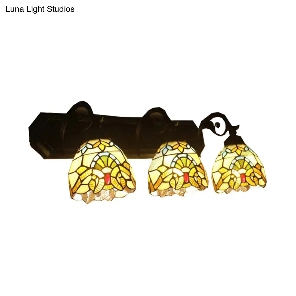 Victorian Style Stained Glass Dome Wall Sconce Lamp with Curved/Mermaid Decoration - 3 Lights, Black