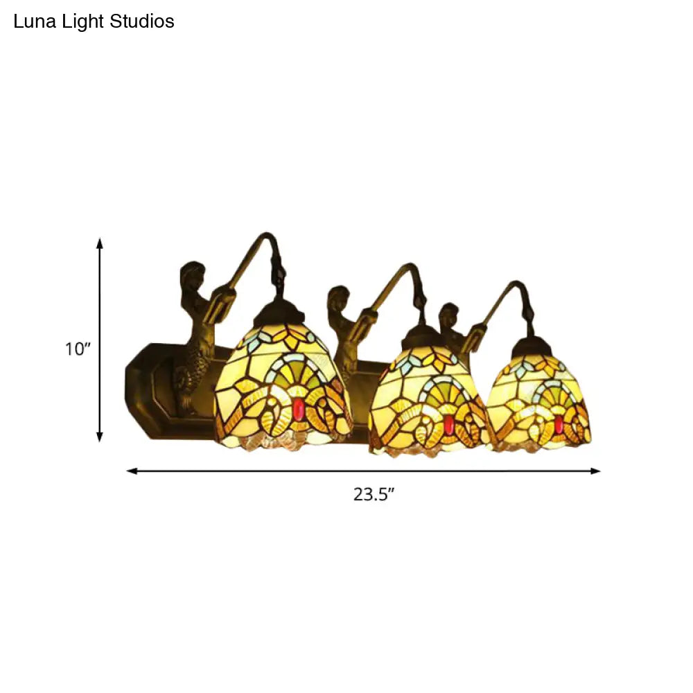 Victorian Style Stained Glass Dome Wall Sconce Lamp with Curved/Mermaid Decoration - 3 Lights, Black