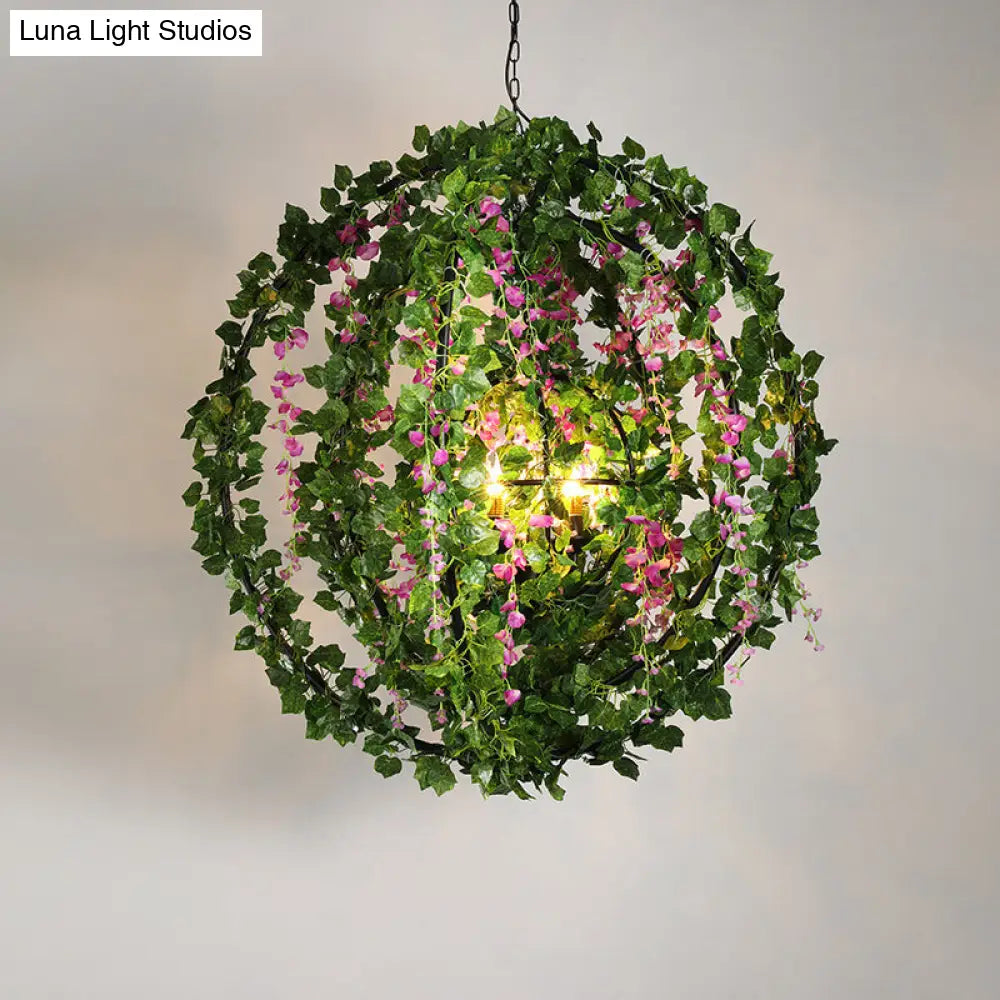 Vintage 4-Head Black Iron Chandelier with Plant Accents