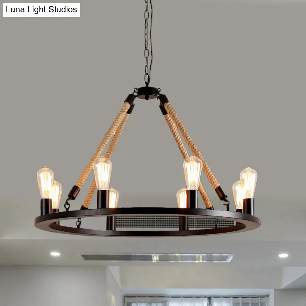 Vintage 6/8-Light Metallic Circular Hanging Lamp in Brown with Exposed Bulb & Rope Suspension for Dining Room