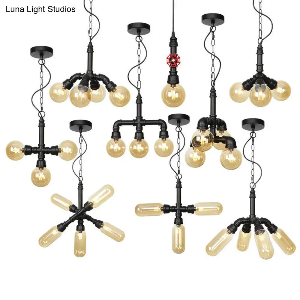 Vintage Amber/Clear Glass Chandelier Pendant Lamp - 4 Lights Global, Black Hanging Ceiling Fixture