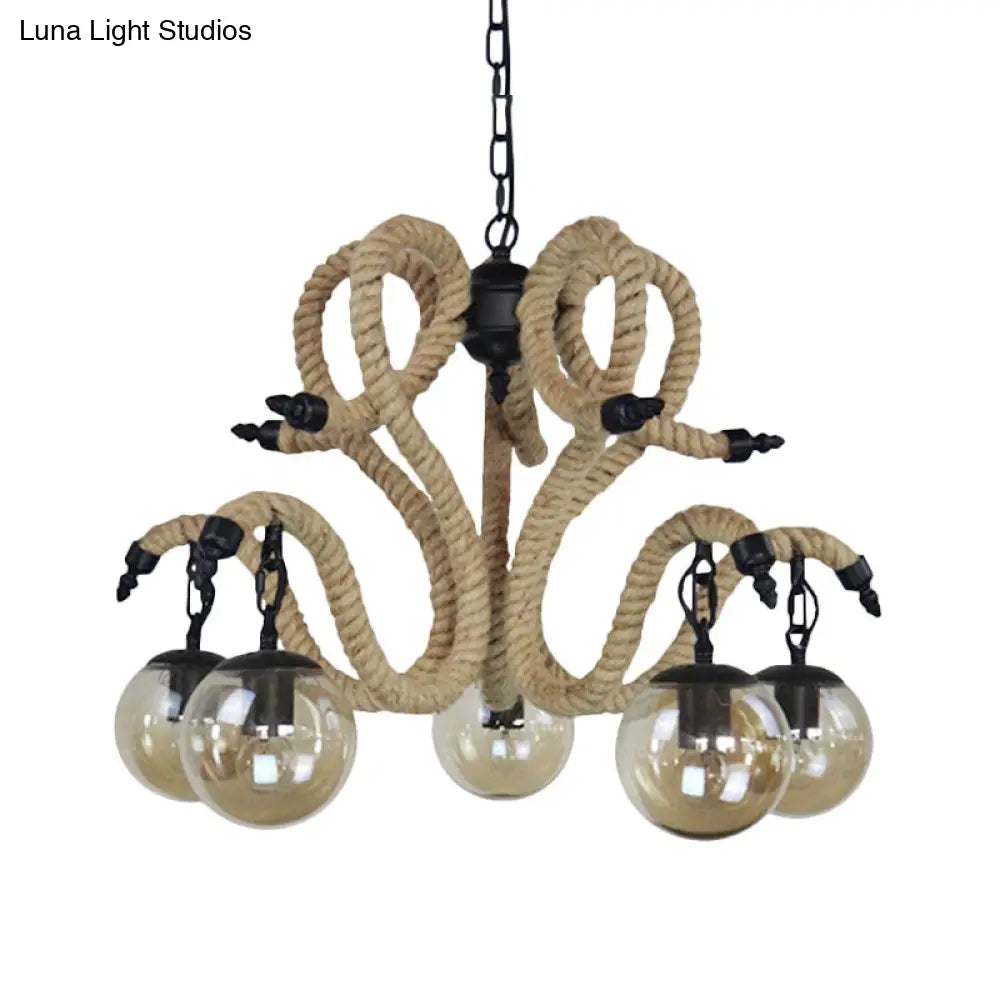 Vintage Amber Glass Ball Chandelier - 5-Light Pendant Lighting for Living Room with Rope Detail
