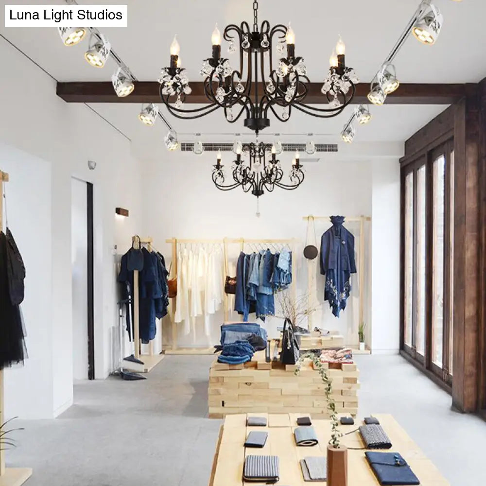 Lámpara de techo vintage con brazo curvo - 6/8 luces negras con colgante de cristal para sala de estar