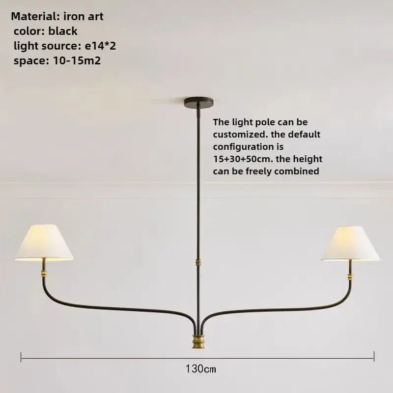 Vintage black and gold iron finish cloth shade pendant light chandelier with two white lampshades for dining room