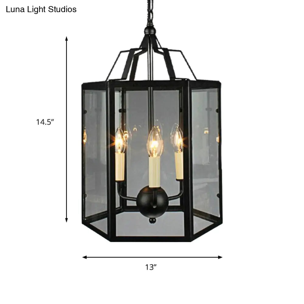 Vintage Black and White Hanging Chandelier - 3-Light Clear Glass Candle Pendant Fixture