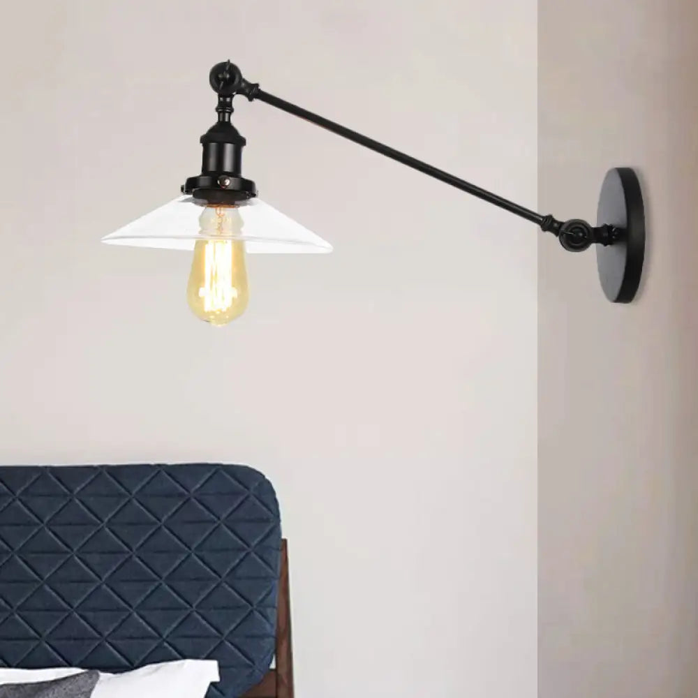 Vintage Black/Brass/Bronze Cone Glass Sconce Light - 8"/12" Arm
