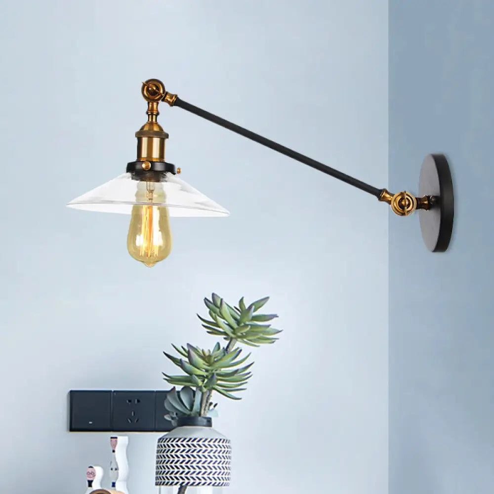 Vintage Black/Brass/Bronze Cone Glass Sconce Light - 8"/12" Arm