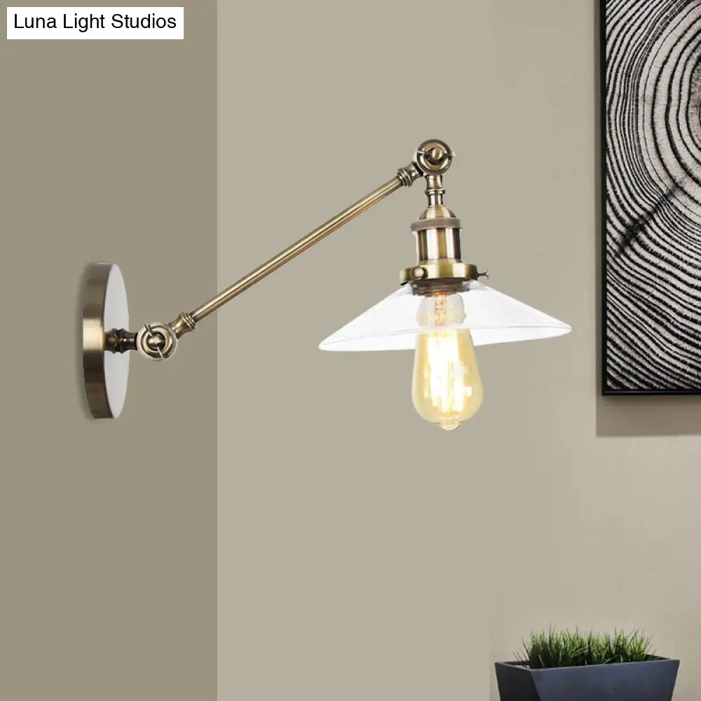 Vintage Black/Brass/Bronze Cone Glass Sconce Light - 8"/12" Arm