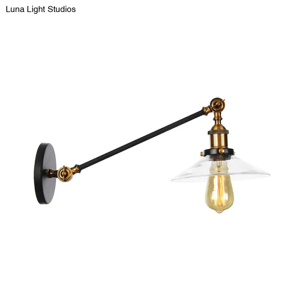 Vintage Black/Brass/Bronze Cone Glass Sconce Light - 8"/12" Arm