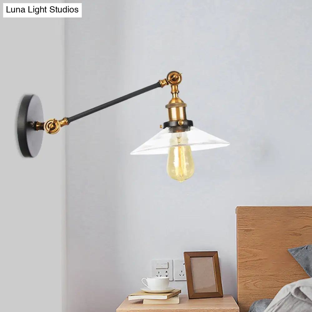 Vintage Black/Brass/Bronze Cone Glass Sconce Light - 8"/12" Arm