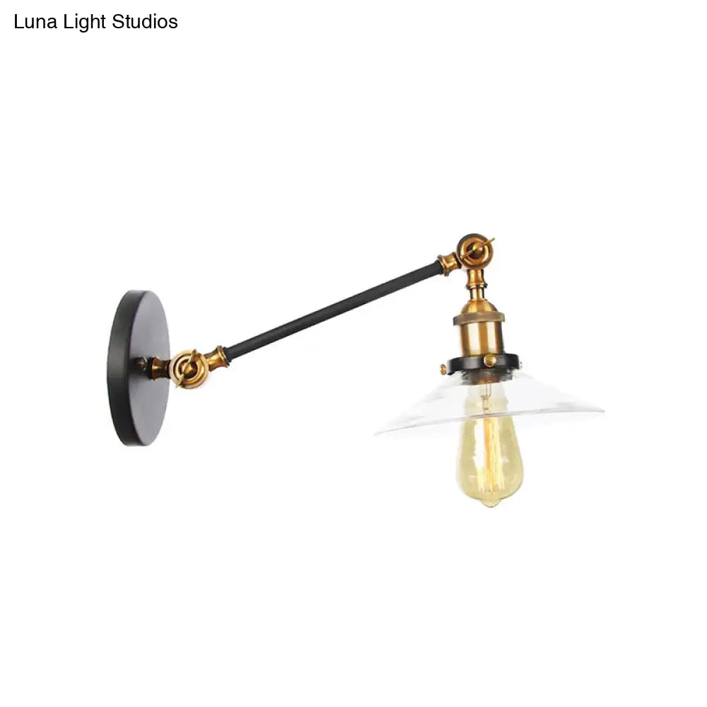Vintage Black/Brass/Bronze Cone Glass Sconce Light - 8"/12" Arm